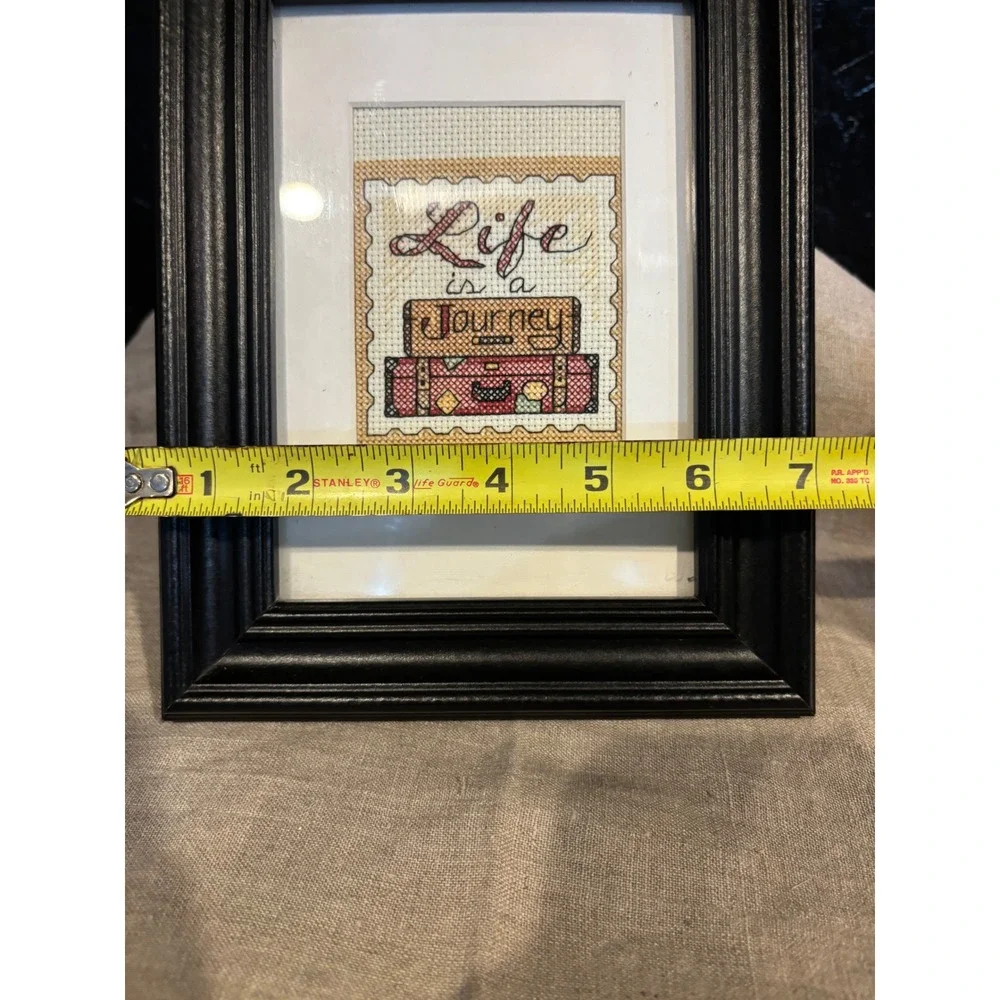 Life is a Journey Cross Stitch Framed Art Travel Suitcase Wall Decor Black 6x8